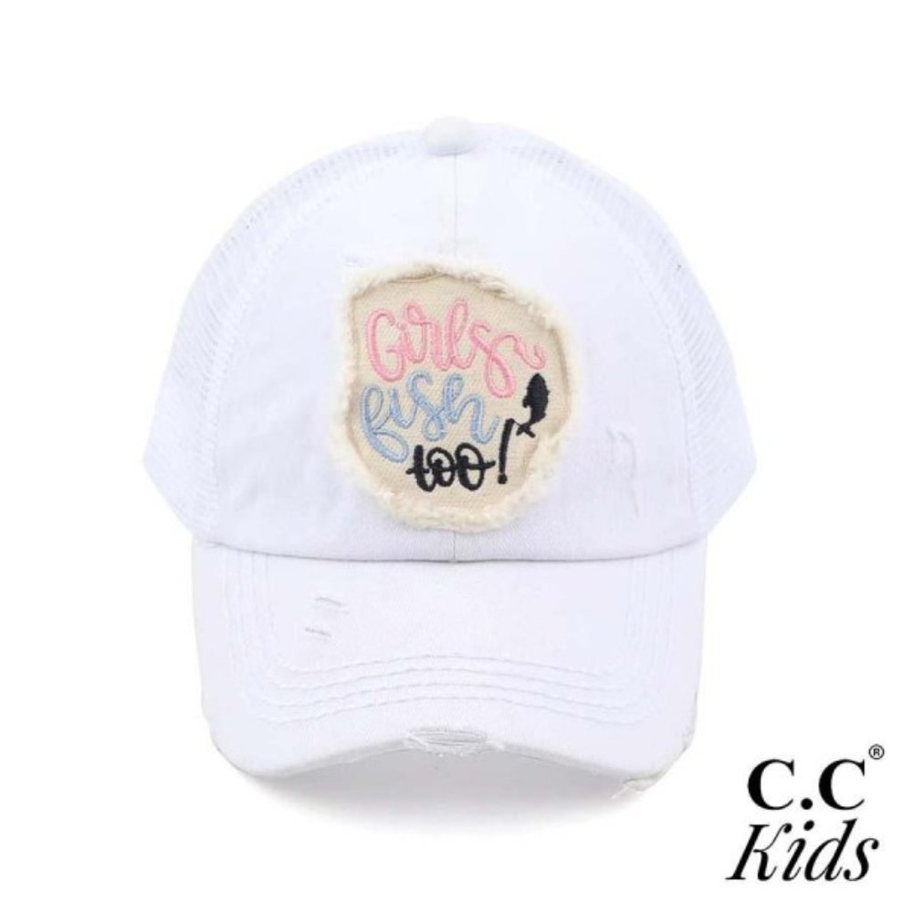 Distressed Embroidered Girls Fish Too! Patch Pony Cap For Kids